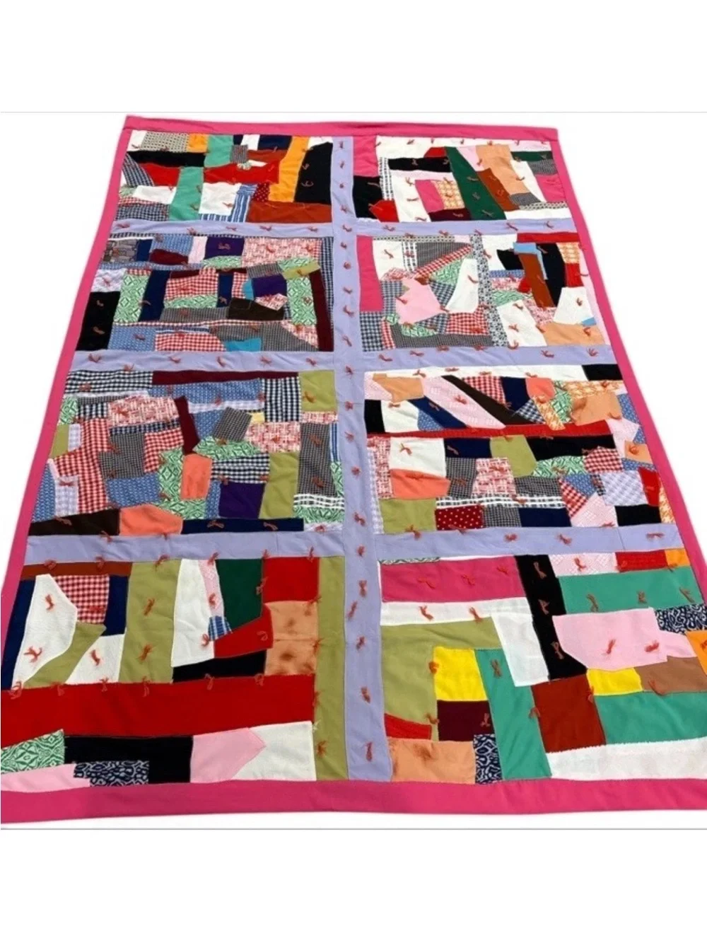 Vintage Patchwork Scrap Crazy Quilt Handmade Hand Tied 1960s 88x57